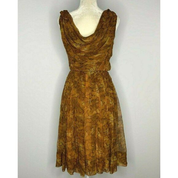 Vintage 50s Sheer Overlay Dress S Brown Draped - Picture 6 of 11